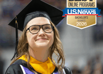 Student graduating with U.S. News and World Report Badge