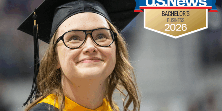 Student graduating with U.S. News and World Report Badge