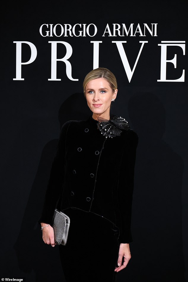 Socialite Nicky Hilton Rothschild, 42, the sister of Paris Hilton, meanwhile wore a velvet double-breasted suit jacket with a silver bow applique on the shoulder