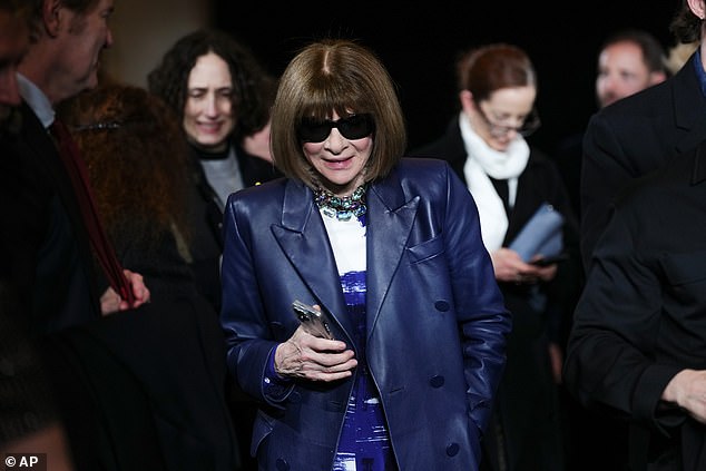 Conde Nast global chief content officer Anna Wintour also made an appearance, wearing her signature black sunglasses and a blue leather blazer