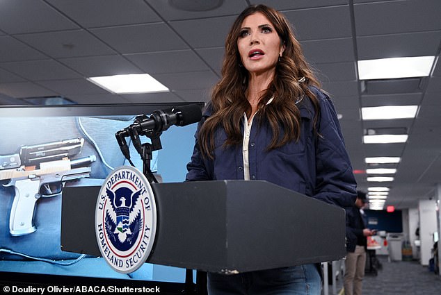 Homeland Security Secretary Kristi Noem holds a press conference in Washington, DC, on Saturday