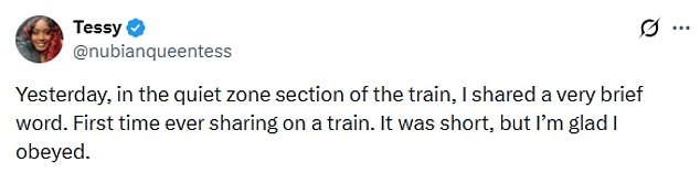 The young woman, named as 'Tessy' on her X account, posted footage of herself preaching to the public for 'the first time' on a train believed to be operated by Avanti West Coast