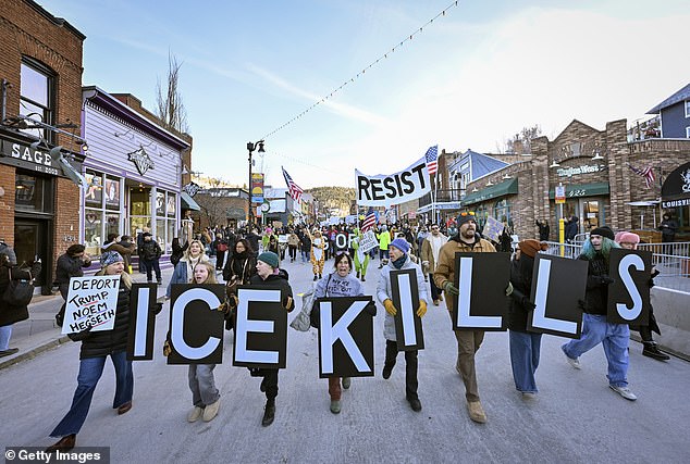 One of many protests against Immigration and Customs Enforcement, this one during the Sundance Film Festival in Park City, Utah, on Monday