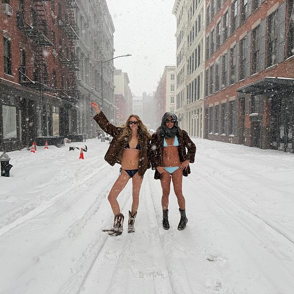 Adare Mareuse (left) braved the cold in a £230 black triangle bikini, while Ariana Eisler wore a £227 blue two-piece and a headscarf