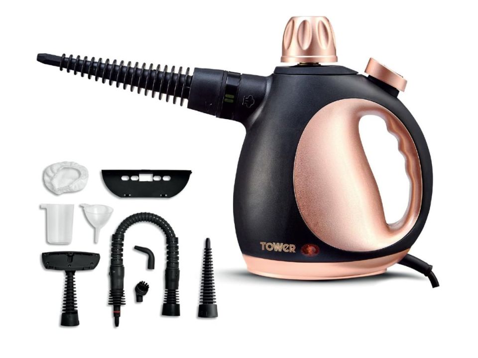 Black and rose gold handheld steam cleaner with various attachments.