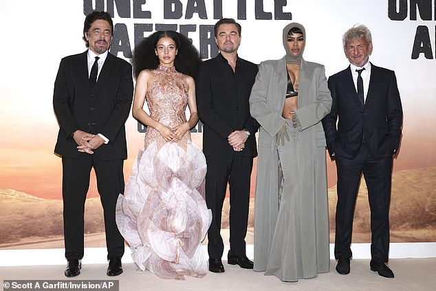 The One Battle After Another cast at the London premiere in September 2025 (L-R Benicio Del Toro, Chase Infiniti, DiCaprio, Teyana Taylor and Penn)