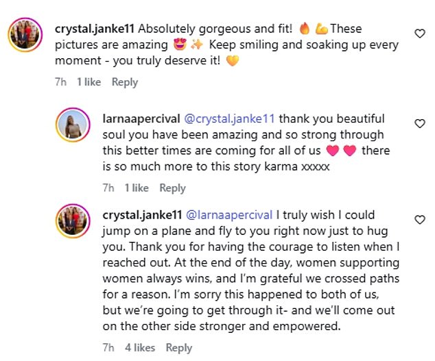 Crystal commented on Alana's post, writing: 'Keep smiling and soaking up every moment - you truly deserve it!' to which Alana replied, telling her that 'there is so much more to this story'