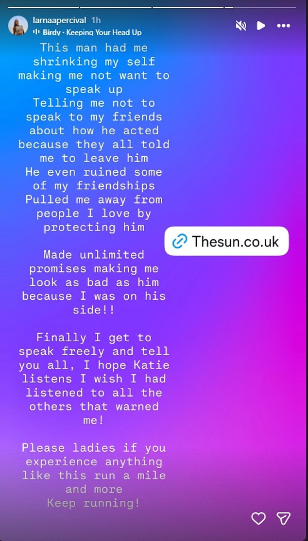 Alana later added on her Instagram Stories: 'This man had me shrinking myself making me not want to speak up'