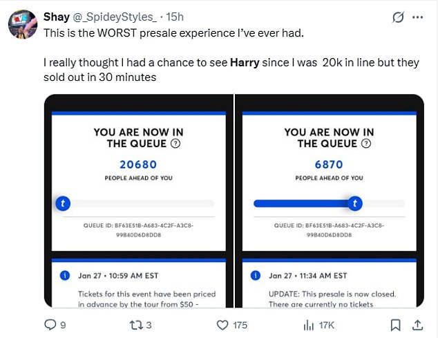 With seats and standing tickets for the London shows ranging from £44 to a £466.24, some fans blasted Harry for making concerns 'inaccessible'