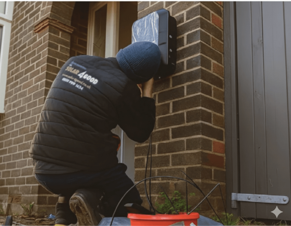 A worker from Solar 4 Good installing a wall-mounted unit on a brick house.