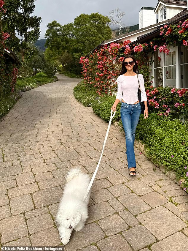 Nicola with the couple's dog Lamb as they visit the luxury San Ysidro Ranch in Montecito