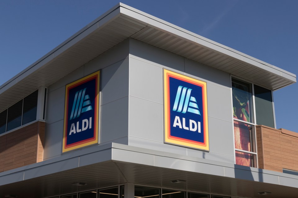 The exterior of an Aldi discount supermarket building with its sign clearly visible.