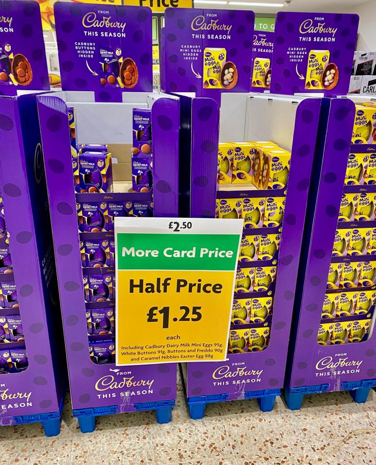 Cadbury Easter eggs on display, with a sign showing they are half price at £1.25 each.