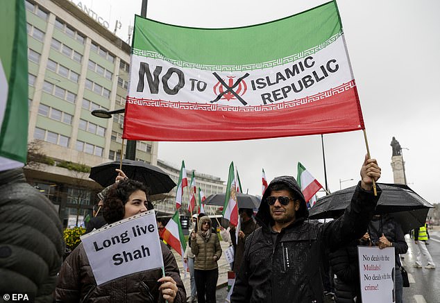 Demonstrators take part in a march in support of the Iranian people in Lisbon, Portugal, January 25