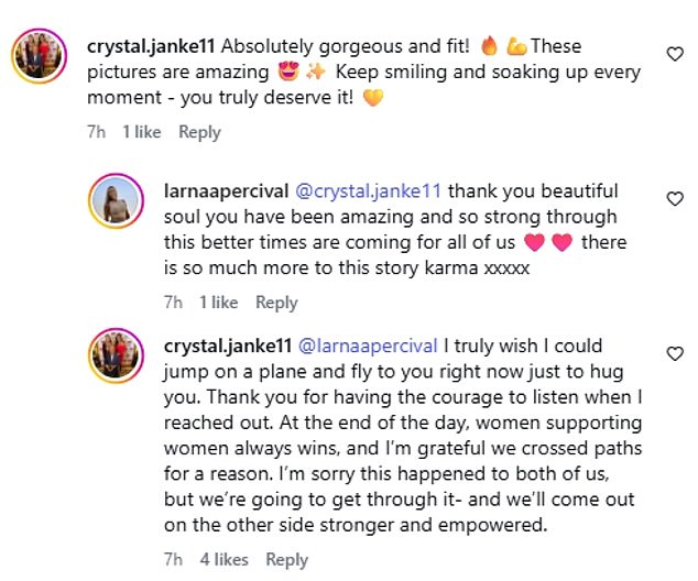 Crystal commented on Alana's post, writing: 'Keep smiling and soaking up every moment - you truly deserve it!' to which Alana replied, telling her that 'there is so much more to this story'