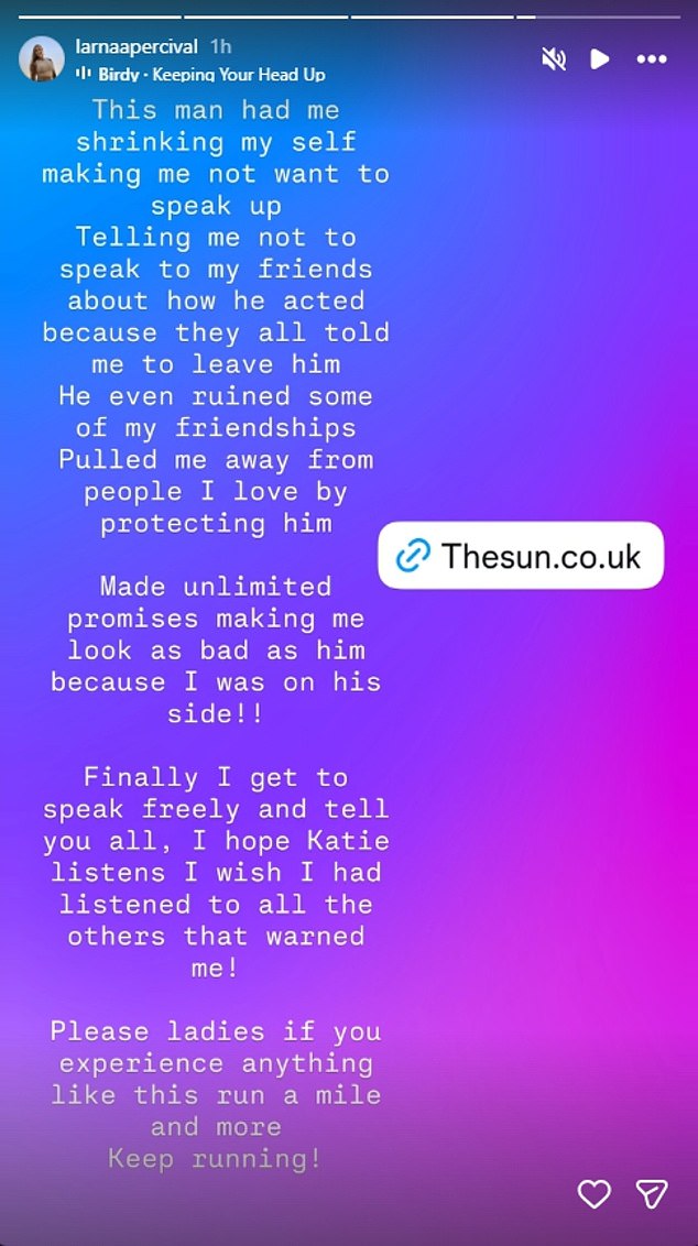 Alana later added on her Instagram Stories: 'This man had me shrinking myself making me not want to speak up'