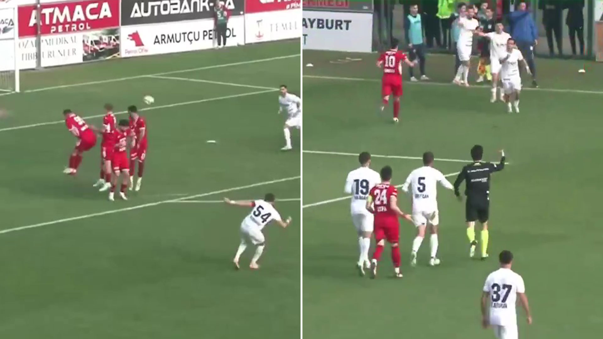 Watch astonishing phantom goal as free kick flies into top corner but referee doesn’t see it go in