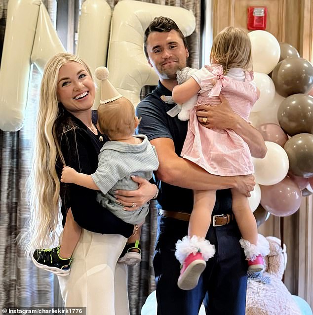 Charlie and Erika Kirk with their children in a social media post celebrating their son's first birthday