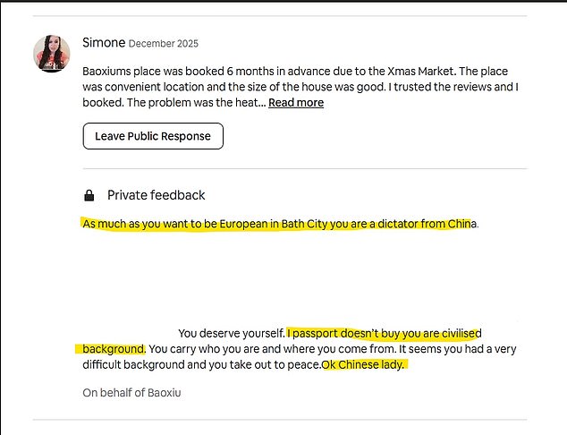 Ms Kyriakopoulou told Baoxiu she was a 'dictator from China' and that a 'passport doesn't buy you a civilised background'