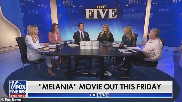 First Lady Melania Trump (third from right) joined the Fox News Channel broadcast The Five to promote her new documentary film, Melania, which showcases her life just before moving back into the White House on January 20, 2025