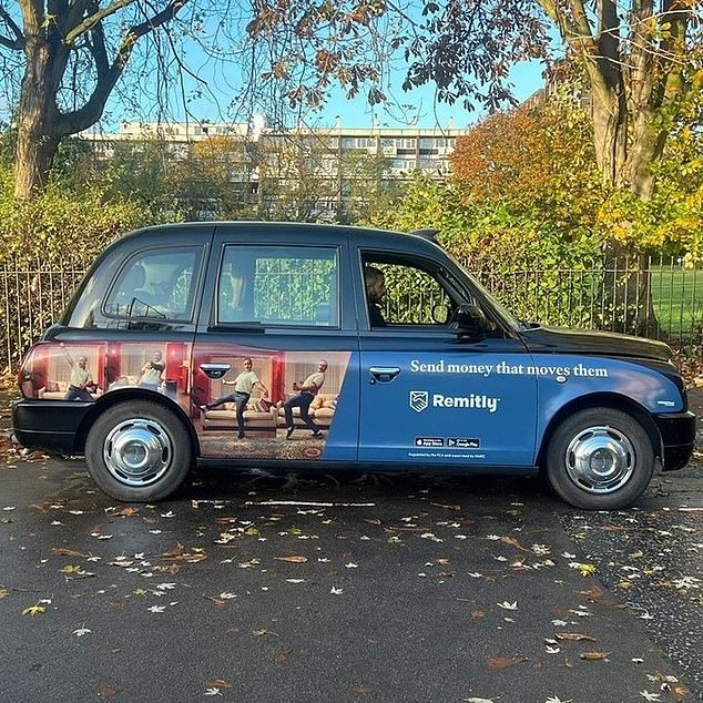 An advertisement for Remitly is displayed on the side of a London taxi