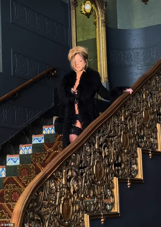 Enhancing the impact of her showgirl chic, she gathered her hair into an updo redolent of Brigitte Bardot and pranced around for Unwerth's camera