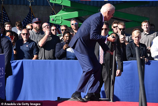 Former President Biden trips and falls before giving a speech in Philadelphia in 2023