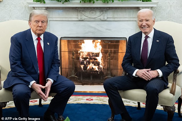 Speculation has also gathered that the increasingly garrulous President is suffering from logorrhea, a speech disorder (Pictured: Trump and Biden in the Oval Office in November 2024)