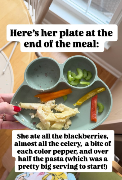 A toddler's plate with leftover pasta, celery, and bell peppers.