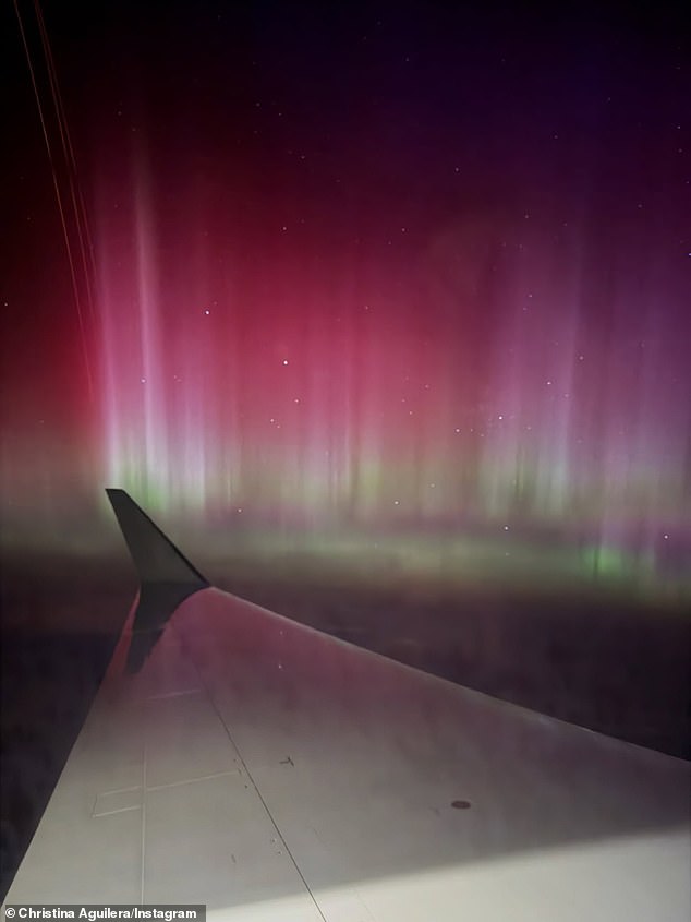 She took several photos from her private jet, including one out the window showing her view of the Northern Lights