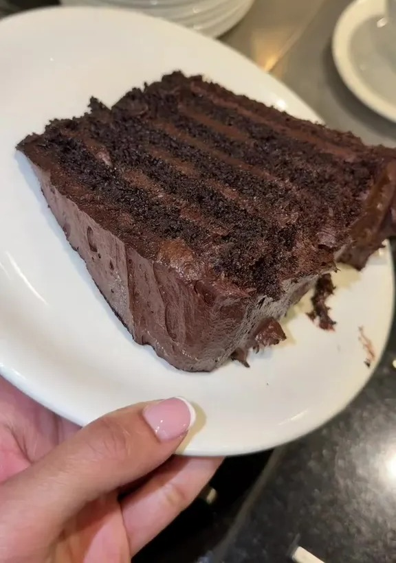 A large slice of chocolate cake with several layers of cake and frosting on a white plate.