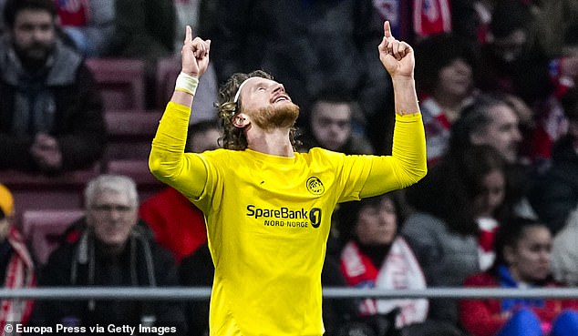 Kasper Hogh celebrates his vital winner for Bodo/Glimt in Madrid last night