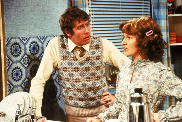 BBC sitcom Some Mothers Do Ave Em was also slapped with trigger warning for 'discriminatory language' in another woke crackdown (Michael Crawford and Michelle Dotrice are pictured)