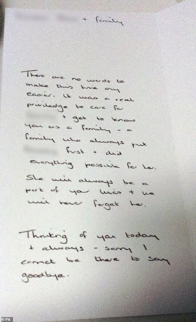 A photograph of the sympathy card that Letby sent to the parents of Baby I, which was shown to the jury at her 10-month trial at Manchester Crown Court