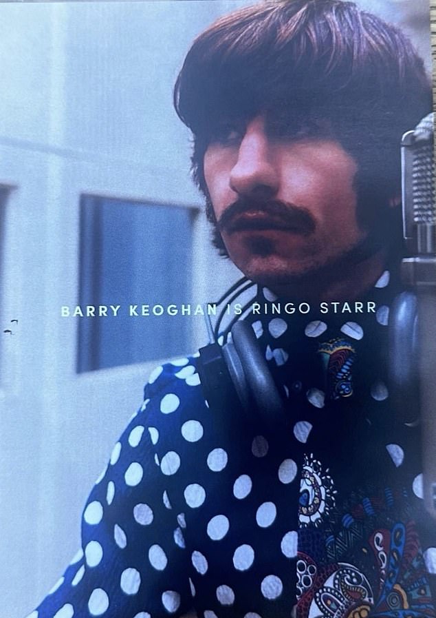 A first glimpse of Keoghan as drummer Ringo Starr finds him wearing a black and white spotted shirt and a psychedelic tie with a pair of headphones around his neck as he works in the studio
