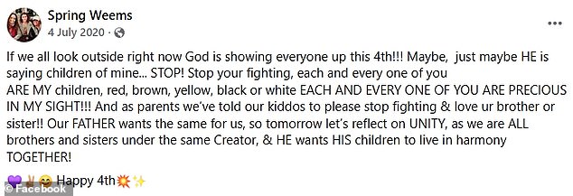 In July 2020, amid a summer of nationwide protests sparked by the killing of George Floyd, Weems penned a Facebook post highlighting God's goodness