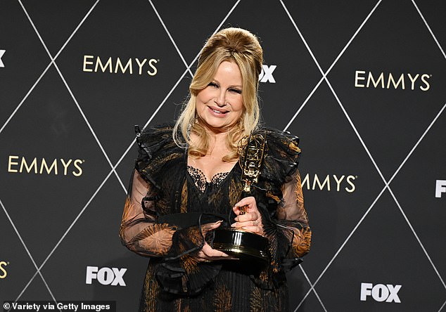 Jennifer Coolidge won two consecutive Emmy Awards for Outstanding Supporting Actress for her role as Tanya McQuoid in The White Lotus; pictured in 2024