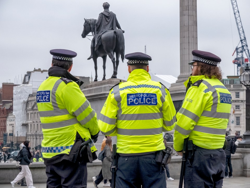 Three Metropolitan Police officers in high-visibility jackets stand with their backs to the camera in Trafalgar Square, facing the King George IV statue on horseback.
