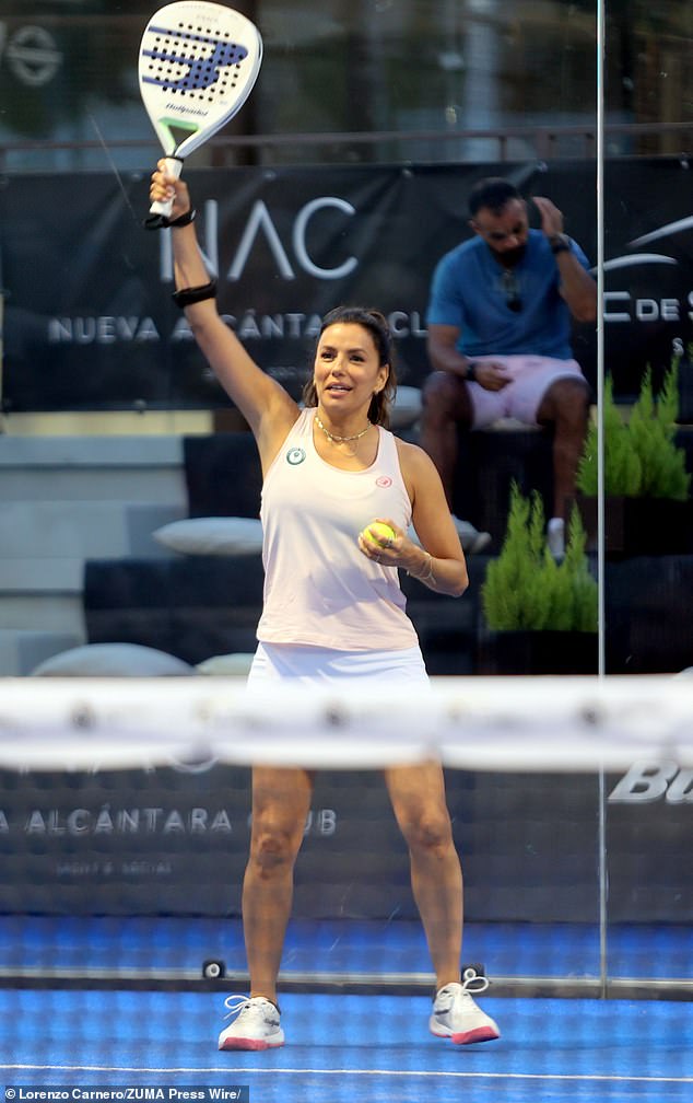 Actor Eva Longoria is an avid player and is pictured here taking part in The Star Padel Slam in Marabella, Trinidad and Tobago, in July 2024