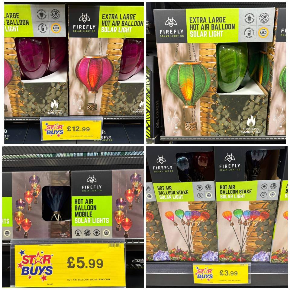 Collage of four images showing different hot air balloon solar lights for sale.