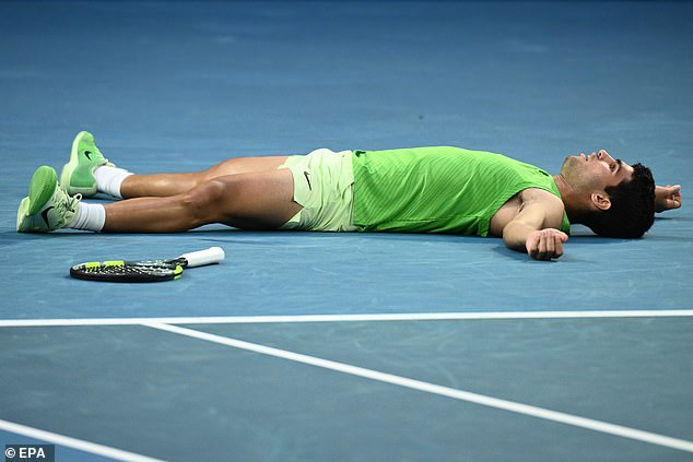 Alcaraz eventually gained the upper hand late on in the fifth set and collapsed on the court in relief after sealing the win