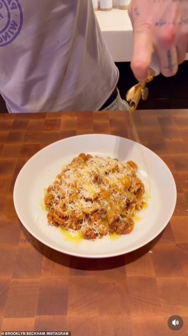 In the video, Brooklyn showed off the steps he took to create the 'special spaghetti Bolognese' dish - though ironically, it did not have spaghetti