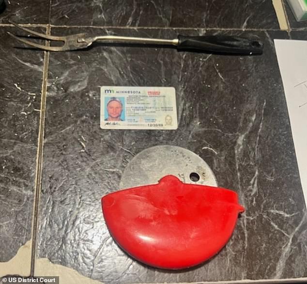 Then ruling came a day after a Minnesota man identified as Mark Anderson (seen in his driver's license) allegedly tried to break Mangione out of his New York Jail, and was caught with a barbeque fork and a pizza cutter in his bag. The items are pictured in a criminal complaint filed Thursday against Anderson