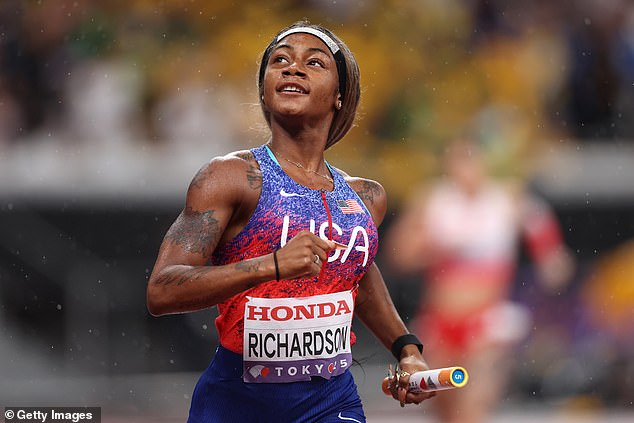Richardson celebrates after winning in the women's 4x100m relay final in Tokyo
