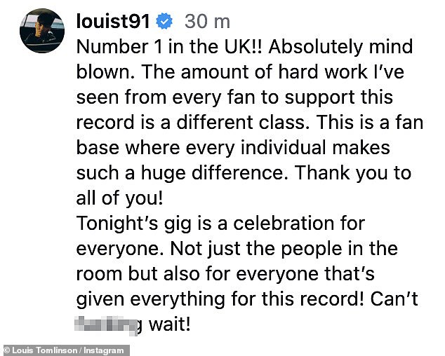 He said: 'Number 1 in the UK!! Absolutely mind blown. The amount of hard work I’ve seen from every fan to support this record is a different class'