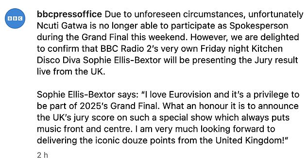 The BBC confirmed in an Instagram statement: 'Due to unforeseen circumstances, unfortunately Ncuti Gatwa is no longer able to participate as Spokesperson during the Grand Final this weekend'