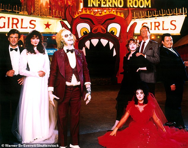 Beetlejuice became one of O'Hara's biggest hits; (Alec Baldwin, Geena Davis, Michael Keaton, O'Hara, Winona Ryder and Jeffrey Jones in 1988)