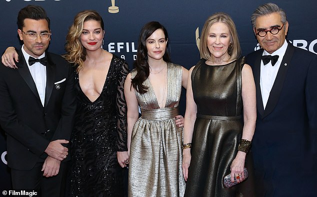 O'Hara had a resurgence with Schitt's Creek; (Dan Levy, Annie Murphy, Emily Hampshire, O'Hara and Levy at the 2018 Canadian Screen Awards)