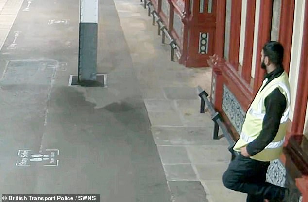 Mohammed chillingly 'waved off' his victim as her service left the station. He is seen casually leaning against the wall after the assault