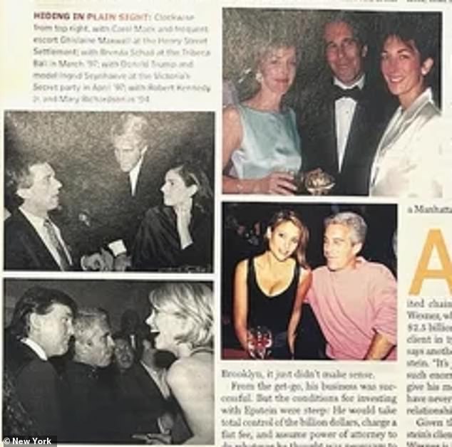 The piece included a photo of Maxwell with Epstein at a black tie event, as well as a photo of Donald Trump and the financier chatting to Belgian supermodel Ingrid Seynhaeve at a Victoria's Secretparty
